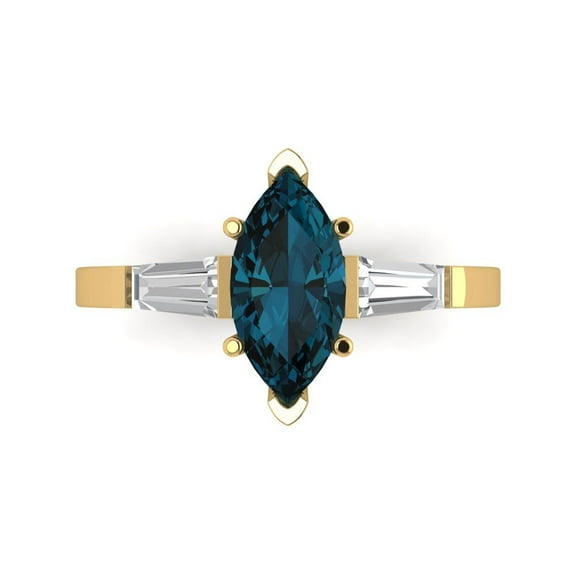 2 ctw 3 Stone Anniversary Ring for Women | Marquise Cut Natural London Blue Topaz | Hyperallergenic Solid 14K Yellow Gold