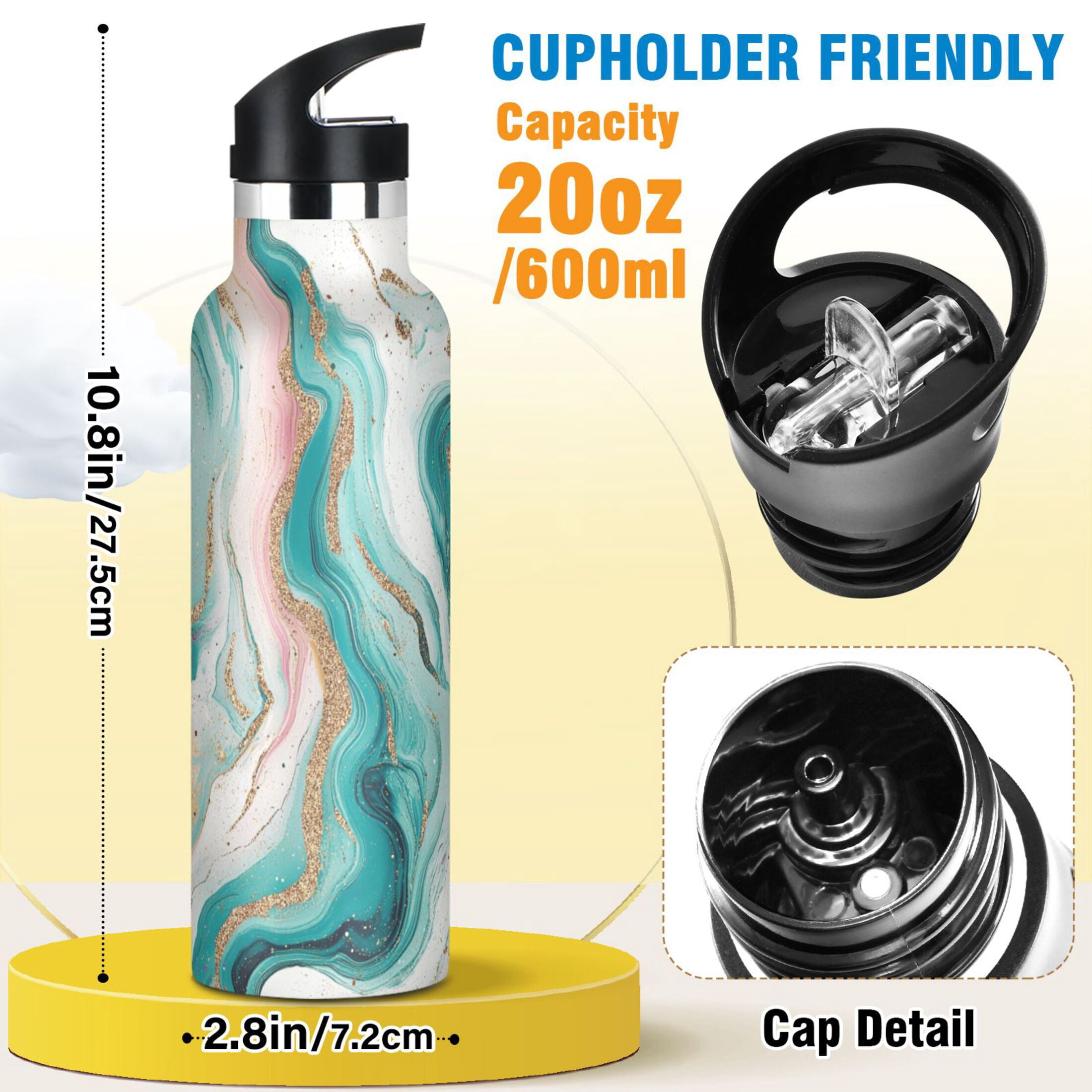 Kids Insulated Stainless Steel Sports Water Bottle 600ml (20oz) Teal Swirling Marble Pattern