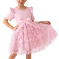 thumbnail image 5 of DISKEBUISS Kids' Dresses - Crew Neck Short Sleeve Ruffle Waist with Bow Mesh Dress for Home Parties & Everyday Wear, 5 of 7