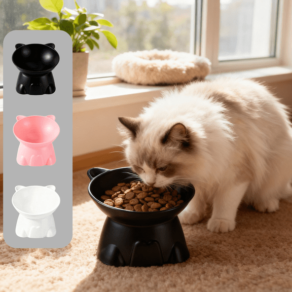 CuiLiyq 1 Pcs Elevated Cat Bowls, Plastic Raised Cat Bowl, Tilted Raised Pet Food and Water Dish, Cute Anti Vomit Food Dishes Pet Feeders for Kitten and Small Dogs (Black)