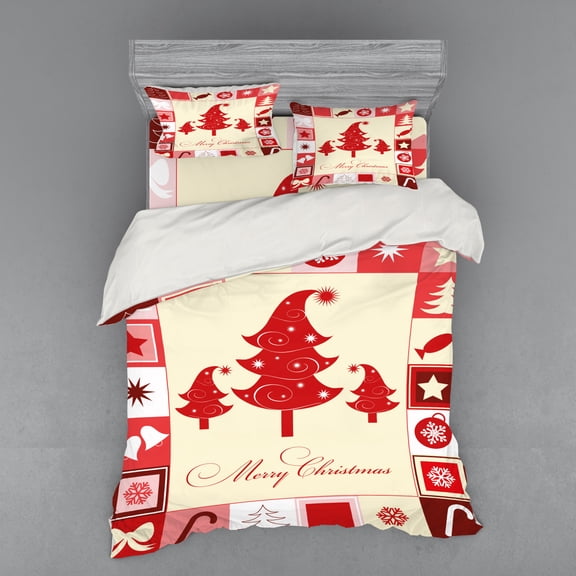 Ambesonne Christmas Bedding Set 4 Pcs, Trees Candy Stars, Queen, Vermilion Pale Pink