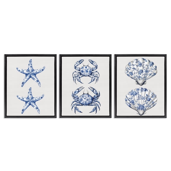 Vintage Toile Starfish & Crabs 3 Piece Black Framed Floater Canvas Set, design by Lettered and Lined
