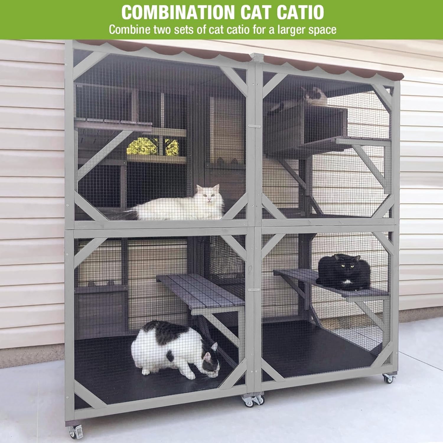 MEDEHOO Cat House Outdoor Catio for Cat Enclosure on Wheels 62.5" Large Kitty Shelter with Waterproof Cover,Indoor Cat Cage with Resting Room,Platforms