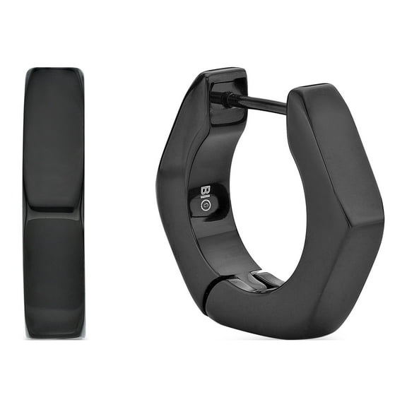 Hexagon Hoop Earring Set for Men in Stainless Steel with Black Ion Plating 4 mm Wide Hinged Hoop by Metro Jewelry