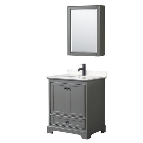 30 in. Deborah Single Bathroom Vanity with Carrara Cultured Marble Countertop, Undermount Square Sink, Matte Black Trim & Medicine Cabinet - Dark Gray