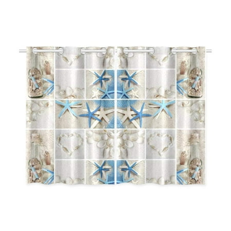 Seashells Window Windows - CADecor Beach Theme Window Kitchen Curtain, Summer Seashells Starfish Window Treatment Panel Curtains,26x39 inches,Set of 2
