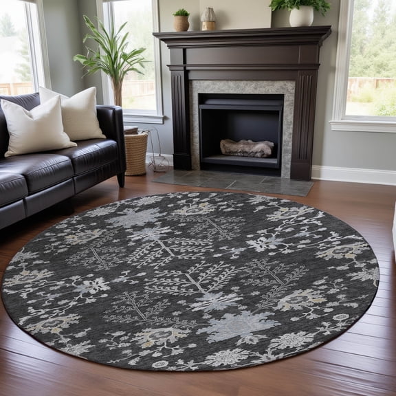 Addison Rugs Mayfield Premium Machine Washable Transitional Floral Charcoal Round Rug, 8' x 8'