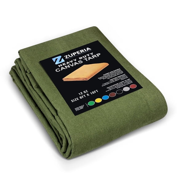 Zuperia (8` x 10` ft -Pack of 1) Heavy Duty Canvas Tarp with Rustproof Grommets, Olive Green,