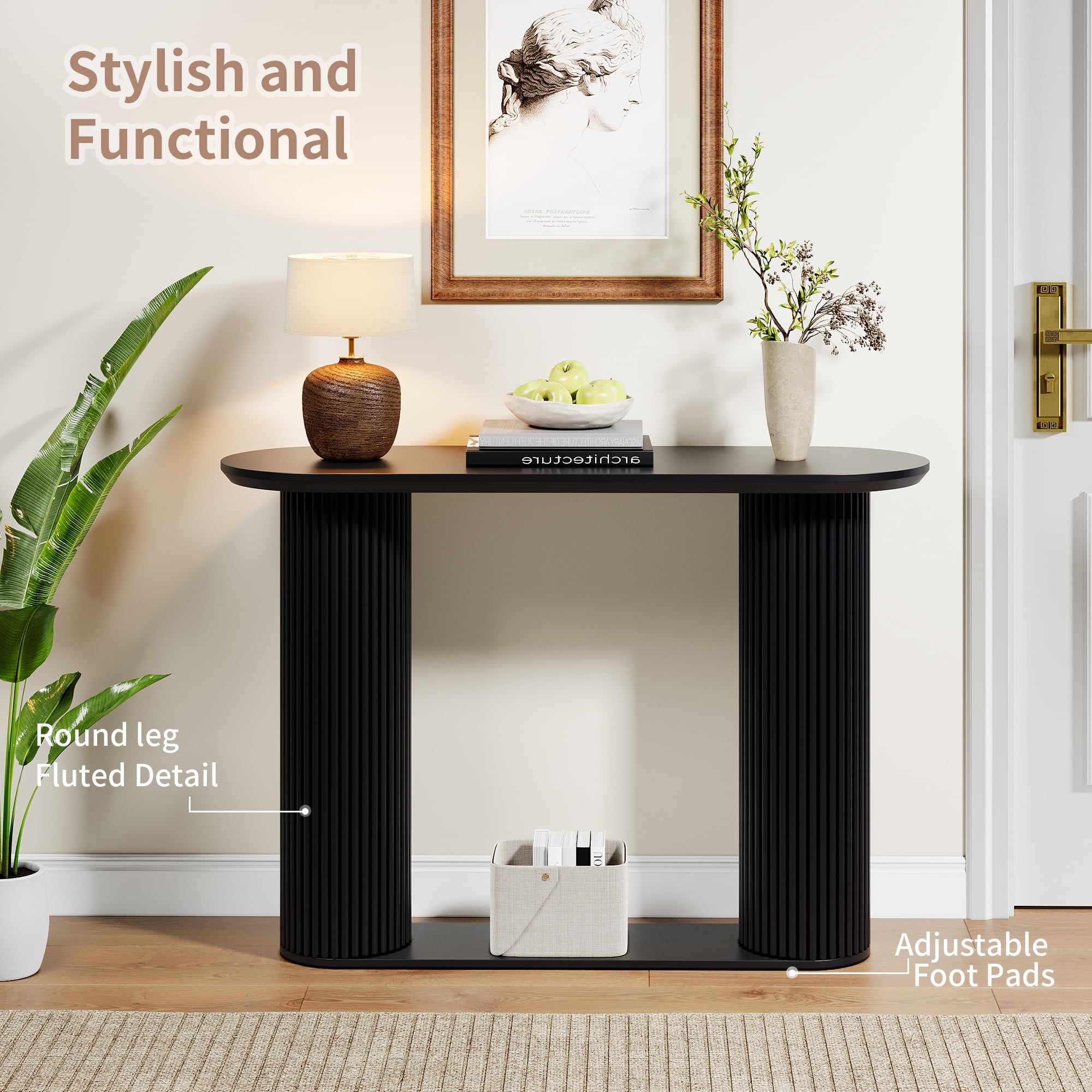 PHOYAL 42.51" Long Black Console Table with Vertical Stripe, Oval Fluted Sofa Table with Curved Edge Design for Entryway Hallway Living Room