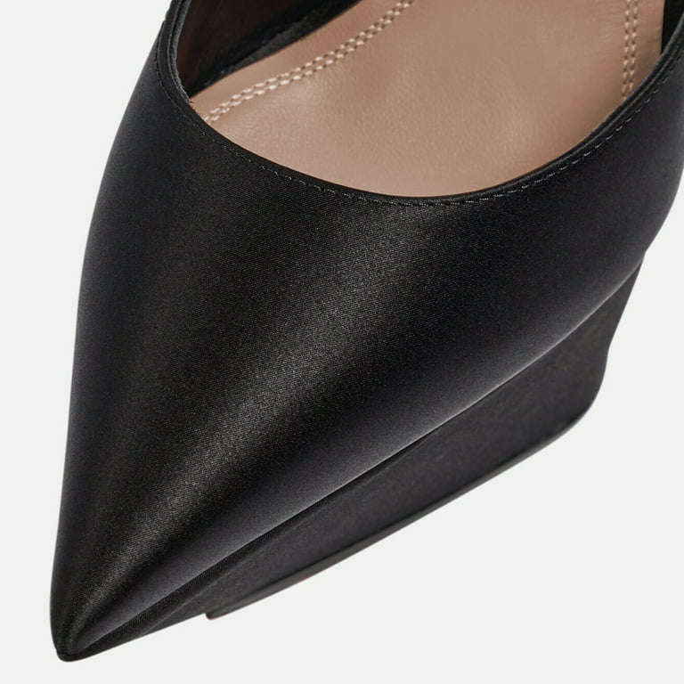 black satin dress pumps Black satin slingback pump with pointed toe, stiletto heel and crystal buckle detail. 10 / Black