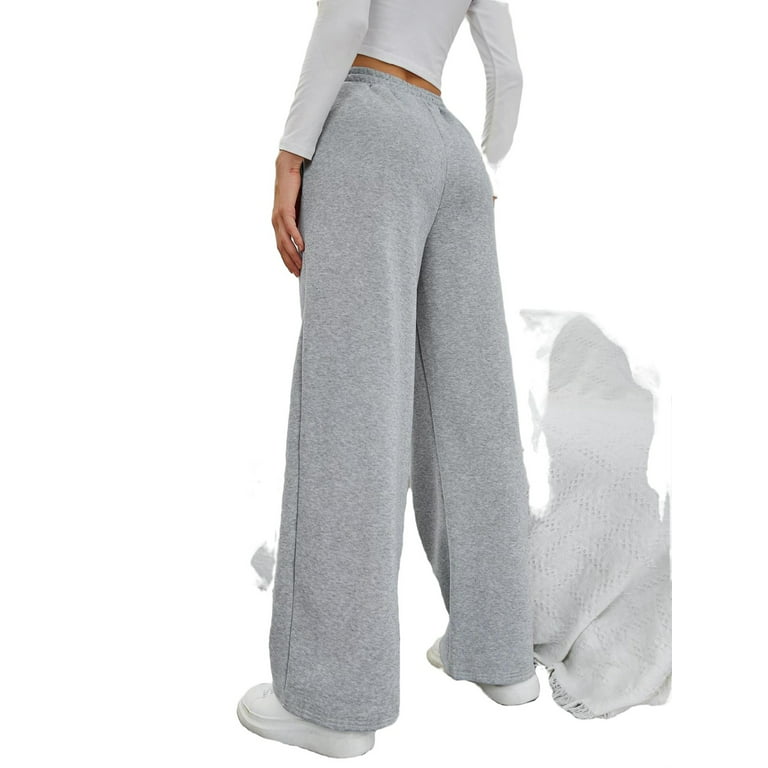 Womens Drawstring Waist Sweatpants Plain Long Loose Light Grey XS