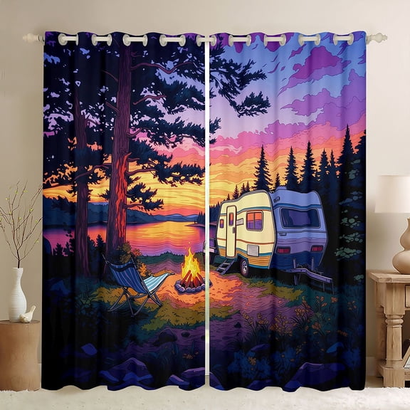 Erosebridal Sunset Lake RV Car Camping Black Out Curtains, Purple Orange Forest Curtains Pack of 2 (42x63 Each) for Men and Women