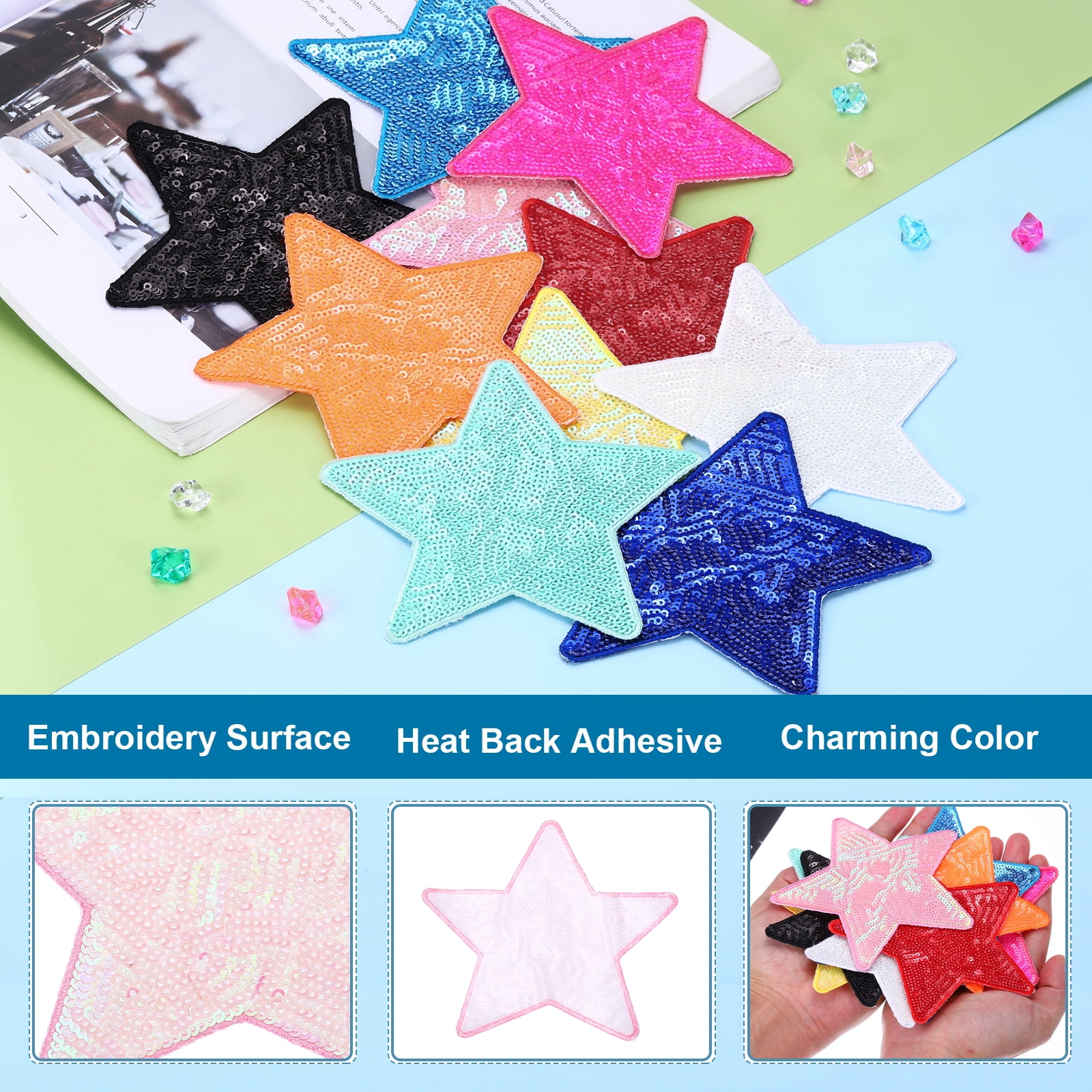 Uxcell Sequin Star Iron on Patches, Embroidery Sequin Patches for Clothing Repair Backpack Shoes Decorations Pink 5 in