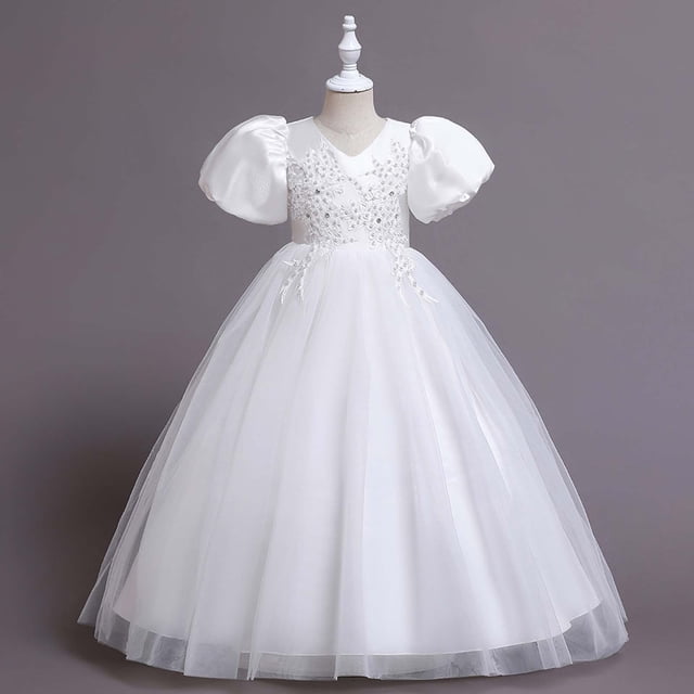 DPTALR Robe pour Enfants Fille à Manches Courtes Robe de Princesse Robe à Queue Fleurie Jupe Robe
