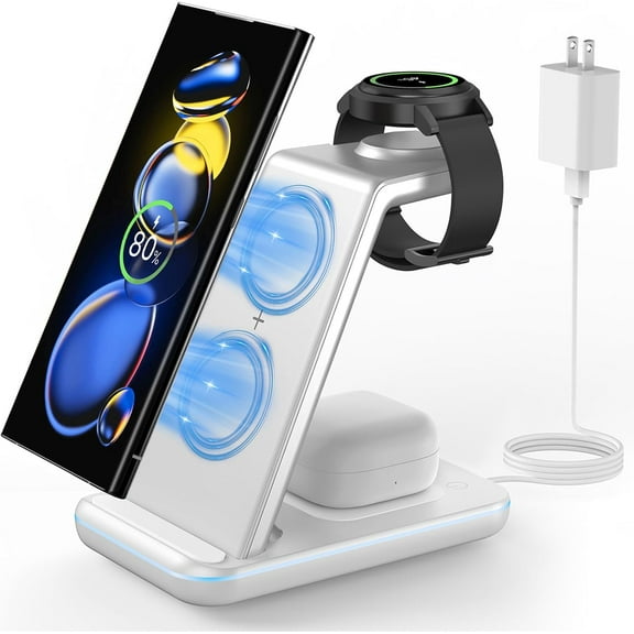 Wireless Charging Station for Samsung Device: 3 in 1 Phone Charger Stand for Galaxy Watch7 Pro/4/3/Active2 -S25/ S24/S23/S22/S21/S20/Note 20/Z Fold&Flip - Buds 3 Pro
