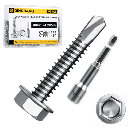 95 Pcs (#8×2"/4.2*50) 410 Stainless Steel Hex Head Self Tapping Screws For Metal ,Hex Washer Head Self Tapping Sheet Metal Screws Assortment Kit With Screw Driver Bit