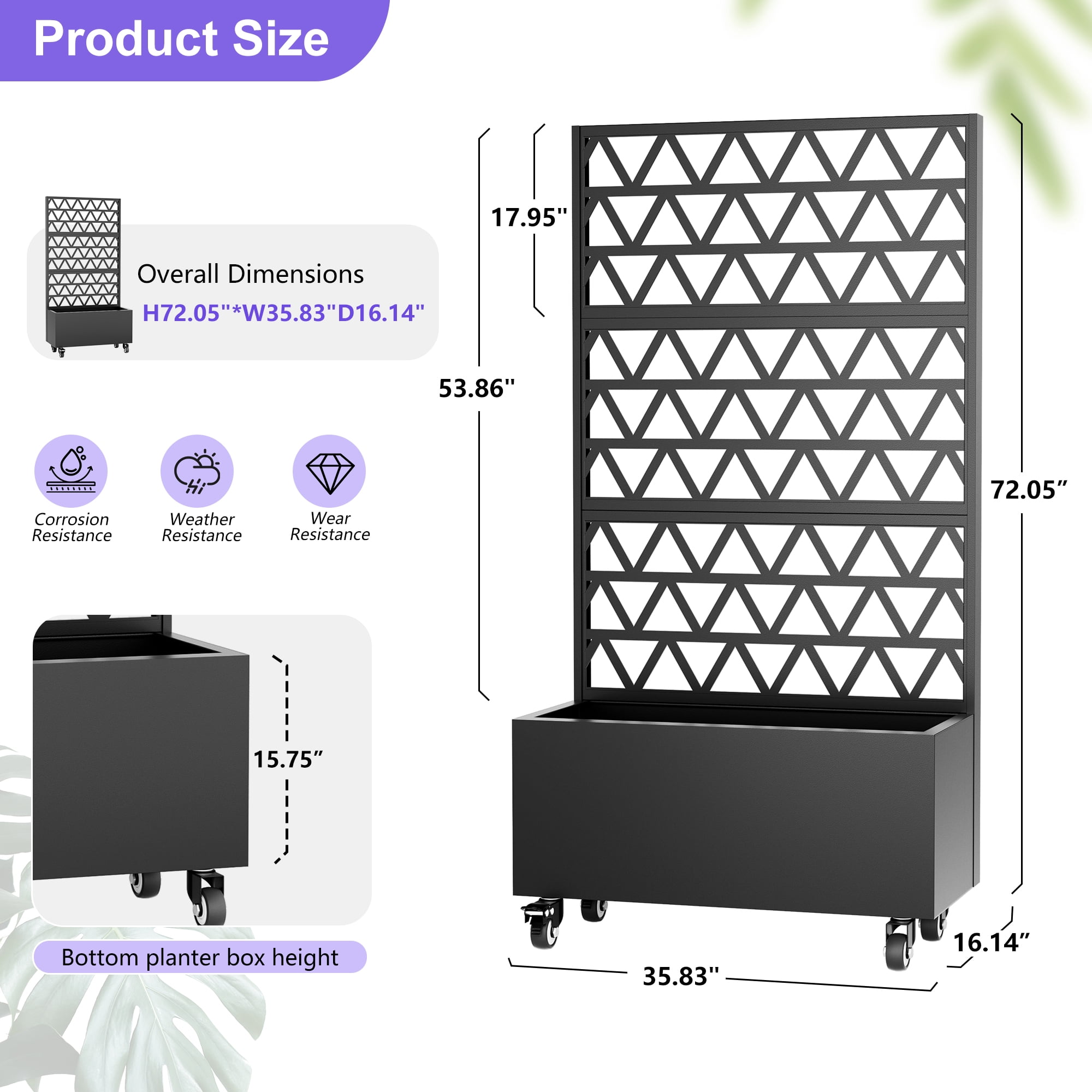 Metal Planter Box with Trellis Raised Garden Bed - 72.05"x35.83"x16.14", Trellis Privacy Screen for Climbing Plants, Vegetables, Vines