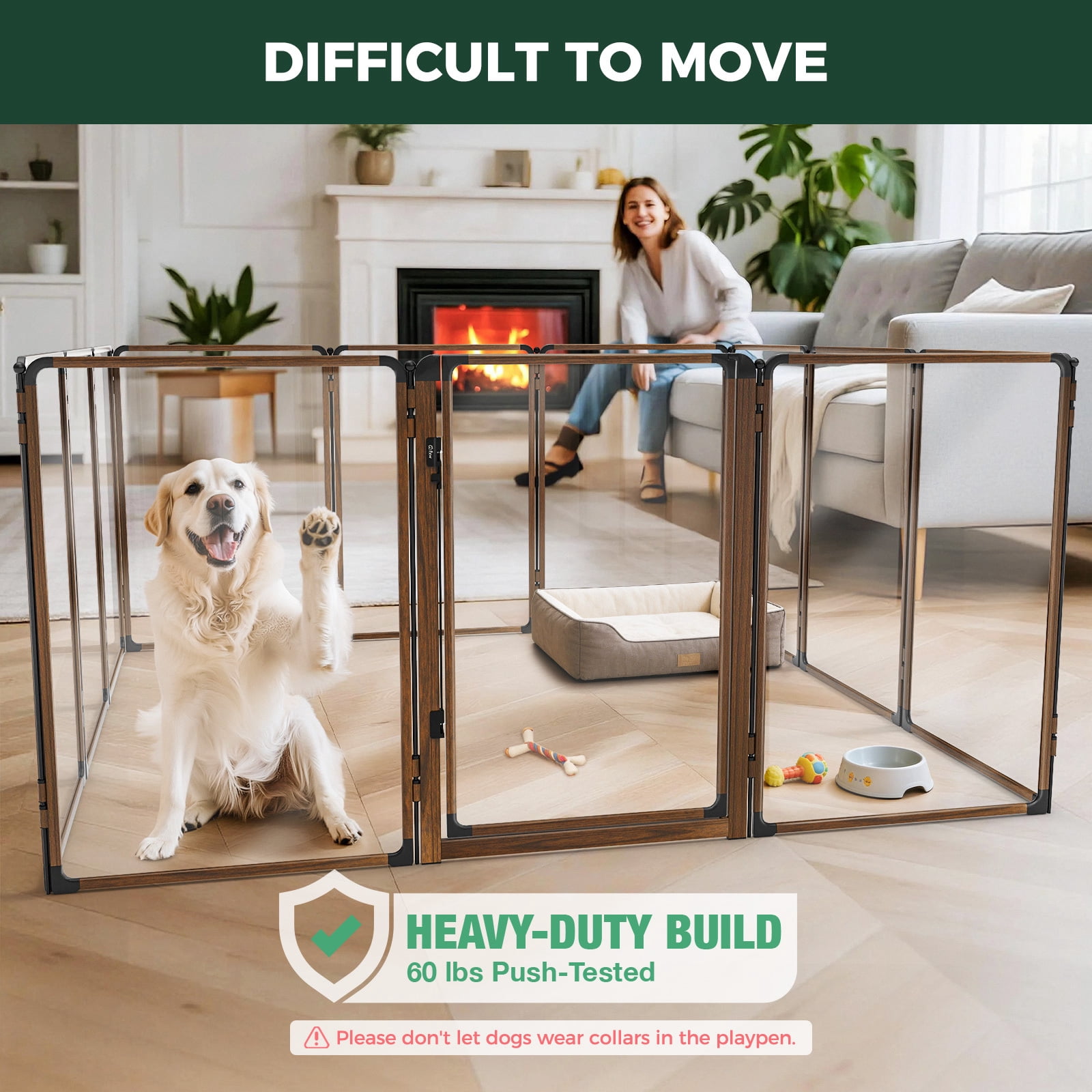 FXW AuraSpace Pro Metal & Acrylic Indoor Dog Playpen, All-Acrylic Clear Heavy-Duty Design, 40" Height 12 Panels for Medium and Large Dogs, Walnut│Patented