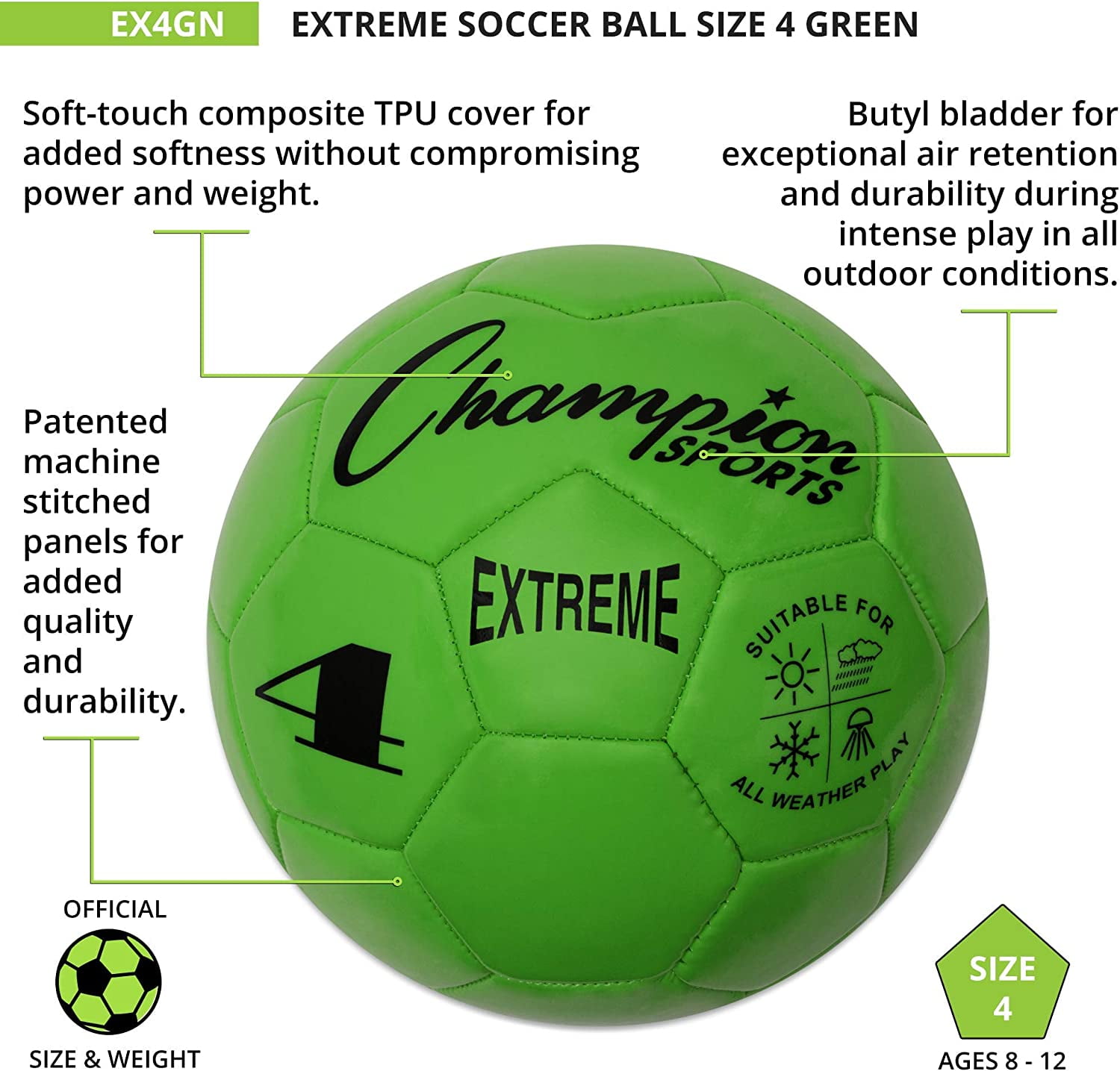 Champion Sports Extreme Series Soccer Ball, Size 4 - Youth League, All Weather, Soft Touch, Maximum Air Retention - Competitive and Recreational Futbol Games, Green