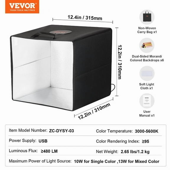 VEVOR Photo Studio Light Box, 12" x 12", 3000-5600K Adjustable 3 Color Temperatures Professional Shooting Tent Kit with 120 LED 6 Double-Sided Color Backdrops, High CRI ≥ 95 for Small Size Products