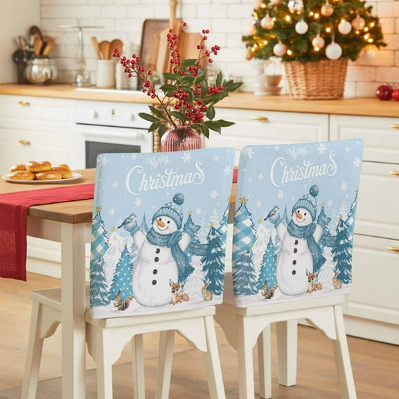 Christmas Snowman Chair Covers Set of 6 Xmas Tree Snowflake Light Blue Chair Back Covers Stretch Removable Washable Slipcovers Protector for Dining Room Kitchen Party Decor