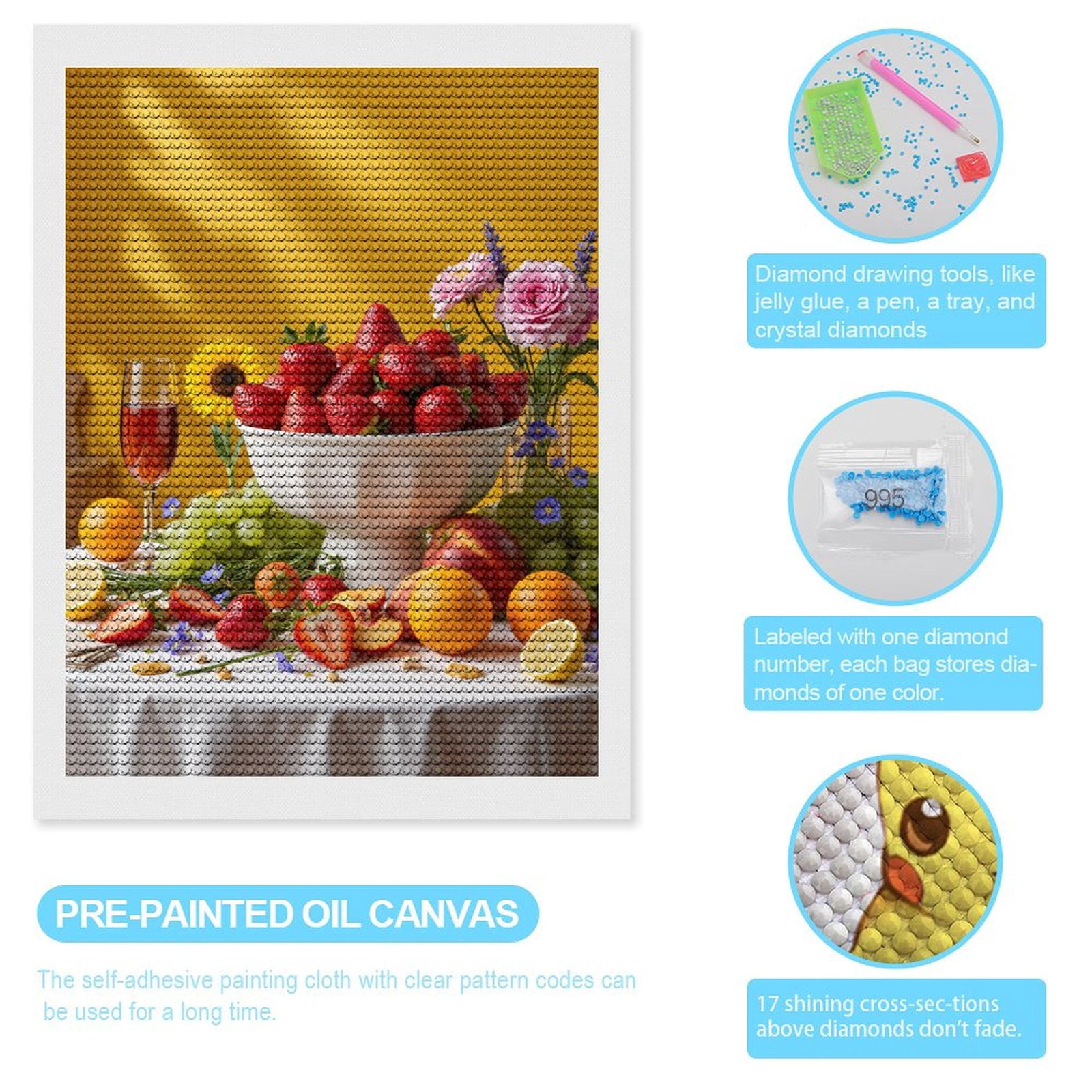 Diamond Art Kits for Adults, Strawberry Fruit Table Setting Floral 5D Diamond Painting Kits for Adults Beginners, DIY Full Drill Diamond Painting, Gem Art and Crafts 12x16