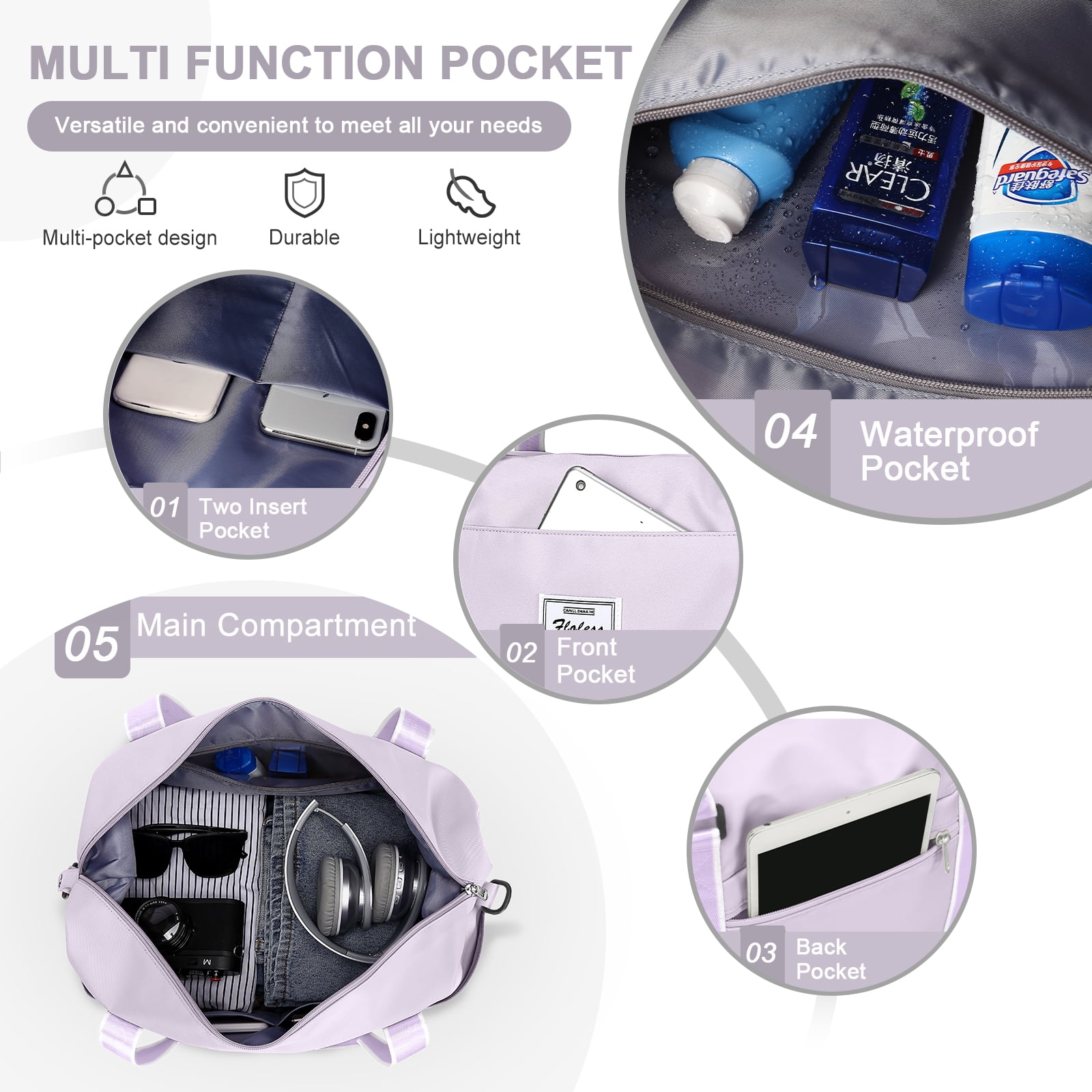 Travel Bag, Waterproof Duffel Gym Tote Bag, Weekender Carry On Overnight Bags for Women Men Approved Personal Item Bag for Airlines with Trolley Sleeve, Travel Duffel Bags, Purple White