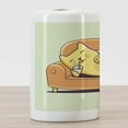 thumbnail image 3 of Cookie Ceramic Toothbrush Holder, Kitten Character Laying down on a Couch Sipping Milk, Decorative Versatile Countertop for Bathroom, 4.5" X 2.7", Cream Orange, 3 of 4