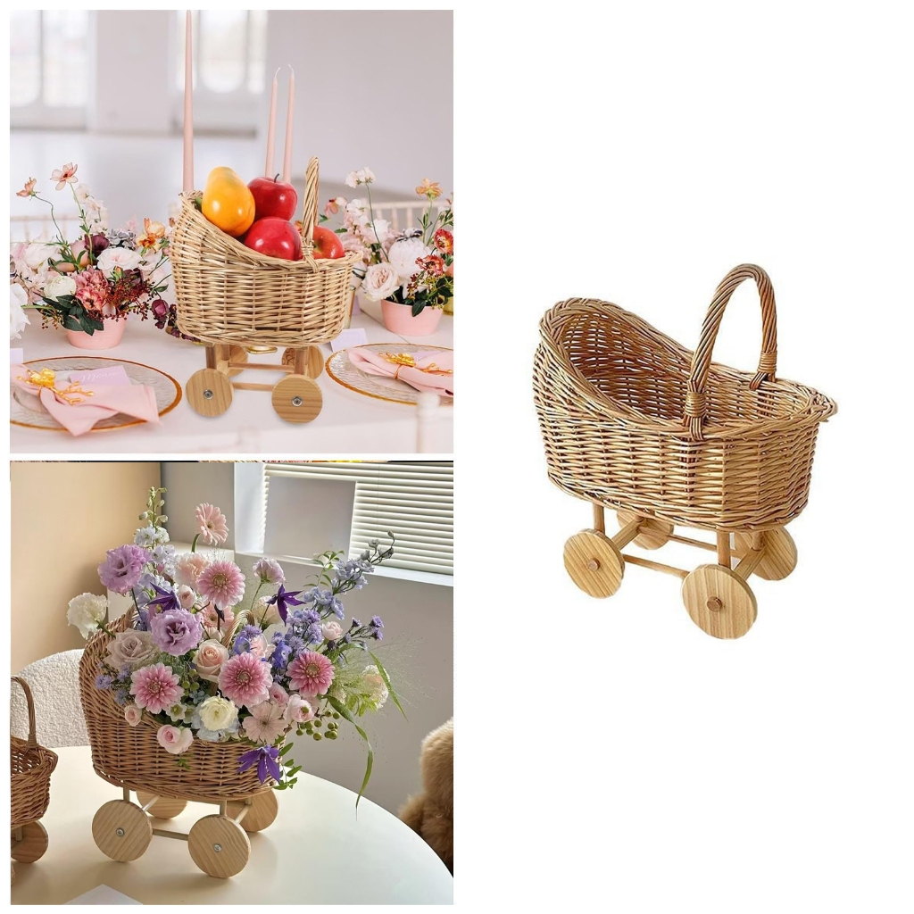 Zeiwohndc Rattan Stroller Shaped Flower Basket with Wheels Hand Woven Small Pushcart