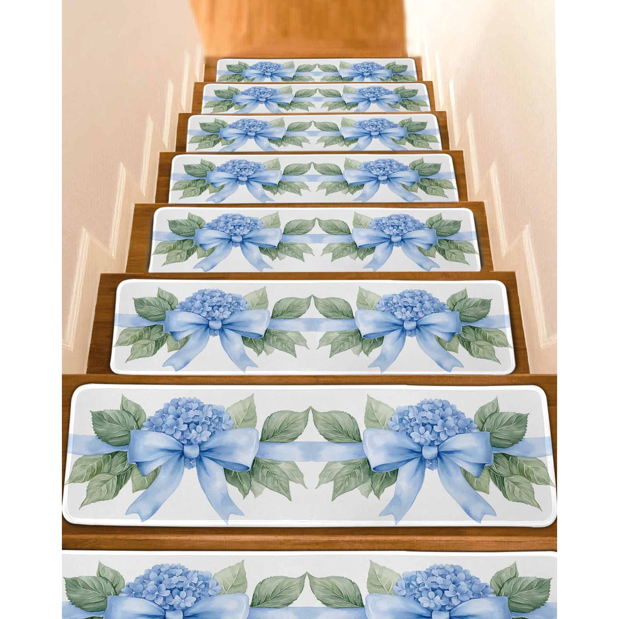 Hydrangea Spring Stair Treads for Wooden Steps Indoor Runner Rug Carpet Idyllic Flower Floral Bow Plant Leaf 4 Pieces Peel and Stick Staircase Step Treads Covers Washable Throw Door Mats 30 x8