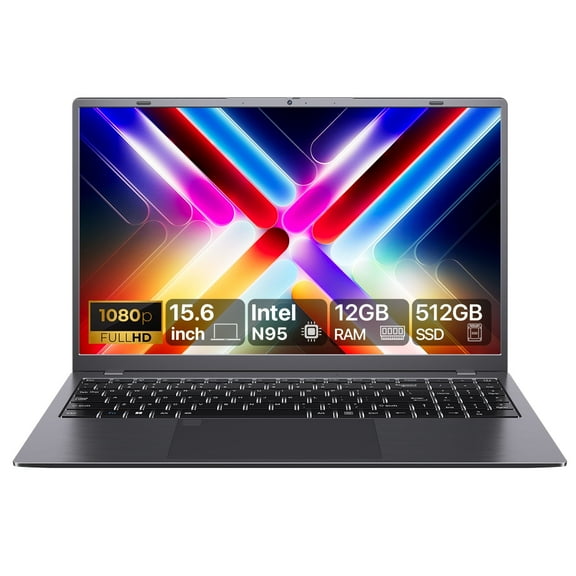 RNRUO 15.6" Laptop Computer, 12GB DDR5 512G SSD, Intel N95 Quad-Core up to 3.6GHz, Office 2024 Fingerprint Backlit KB WiFi 6 BT5.3, 1080 FHD Display for Student, Business, Home Office