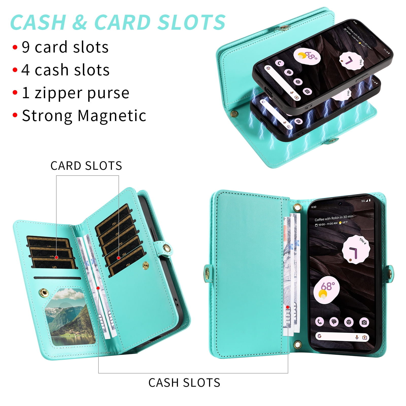 Asuwish Phone Case for Google Pixel 7A 5G 2023 Zipper Wallet Detachable Cell Cover with Tempered Glass Screen Protector Crossbody Lanyard Strap Bling Glitter Flip Card Holder Slot Pixel7A A7 Green