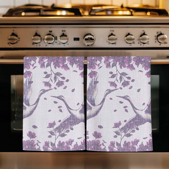 Purple Crane Silhouette Kitchen Towels Set of 1, Modern Abstract Flowers Botanical Absorbent Dish Towels for Kitchen, Microfiber Hand Towel, Quick Drying Tea Towel for Cleaning Decorative Dishcloths