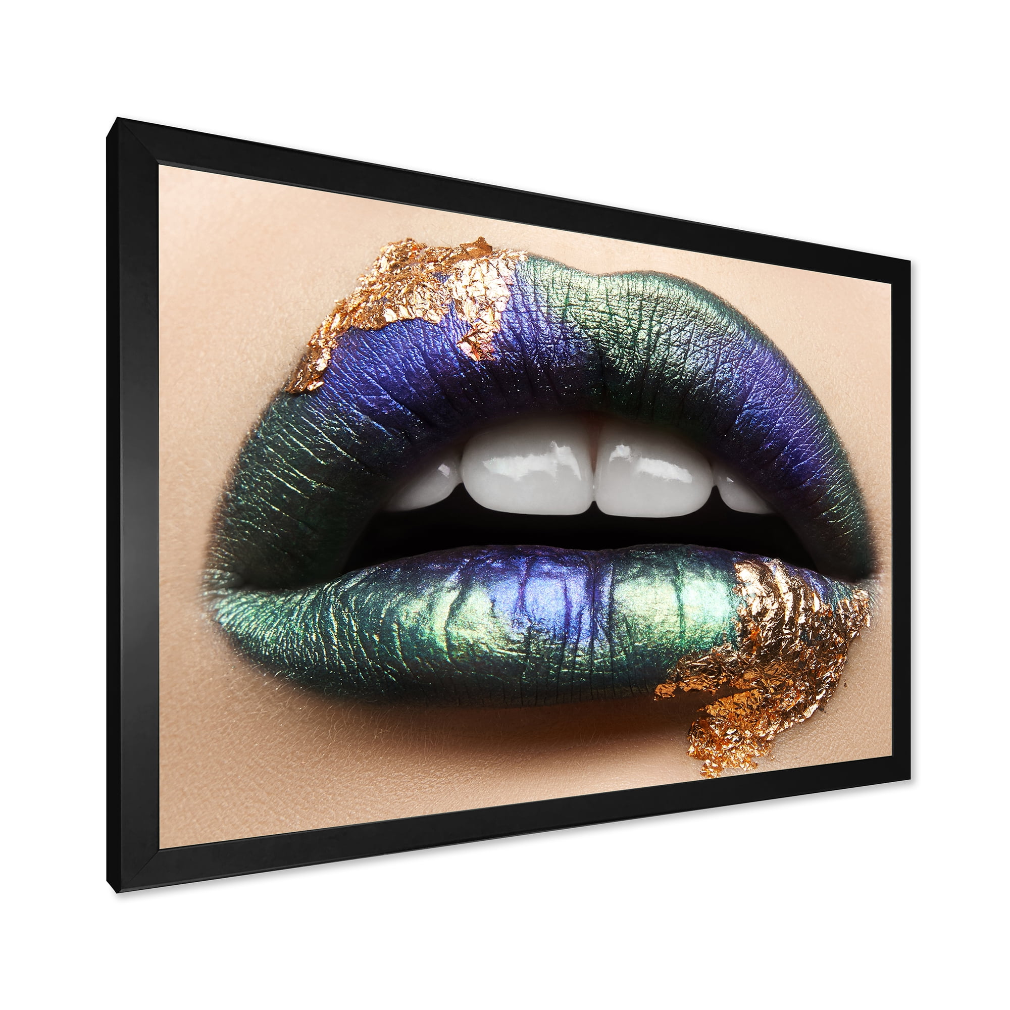 Designart 'Woman Lips With Green Lipstick & Teeth' Modern Framed Art Print