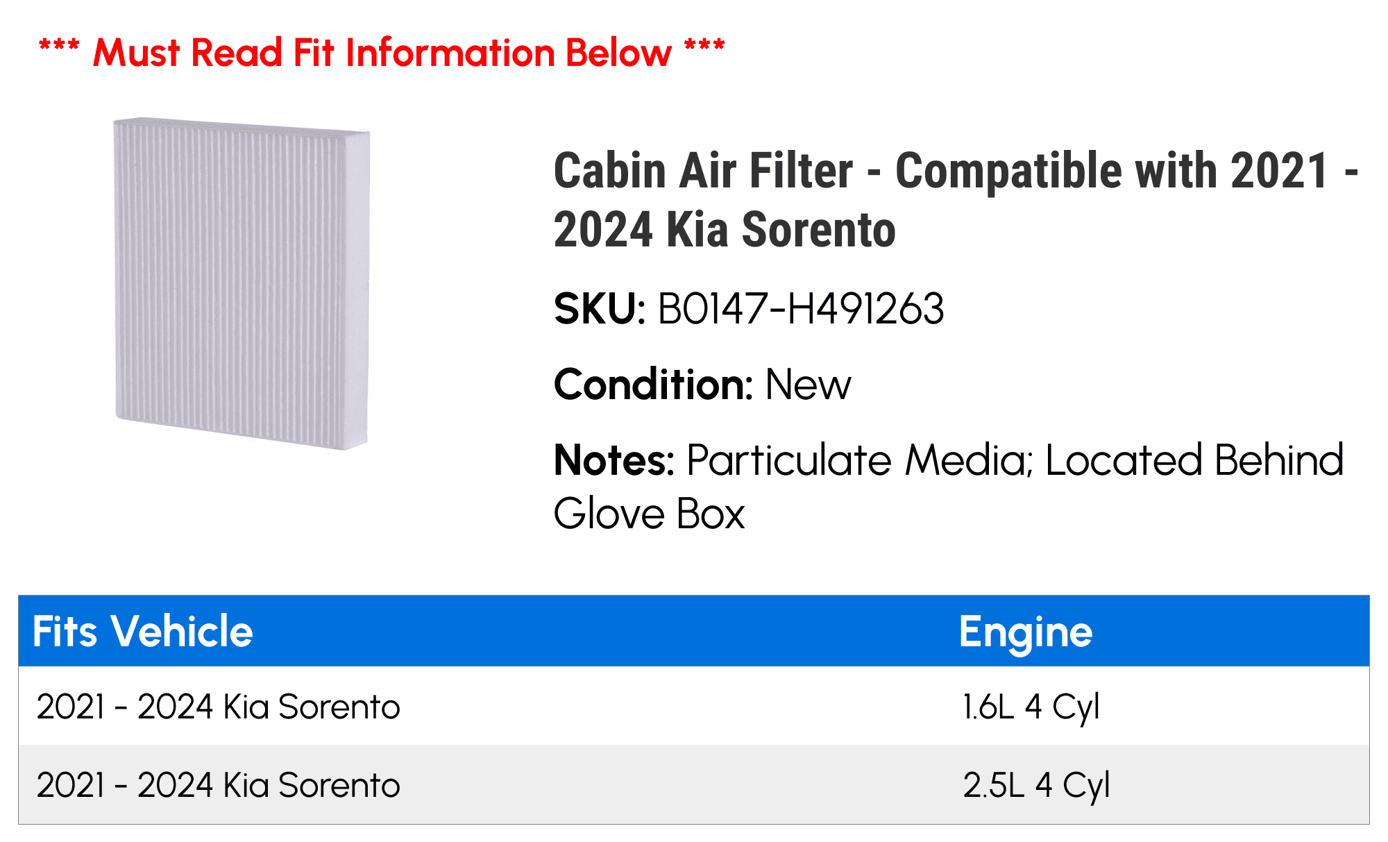 Cabin Air Filter - Compatible with 2021 - 2024 Kia Sorento 2022 2023