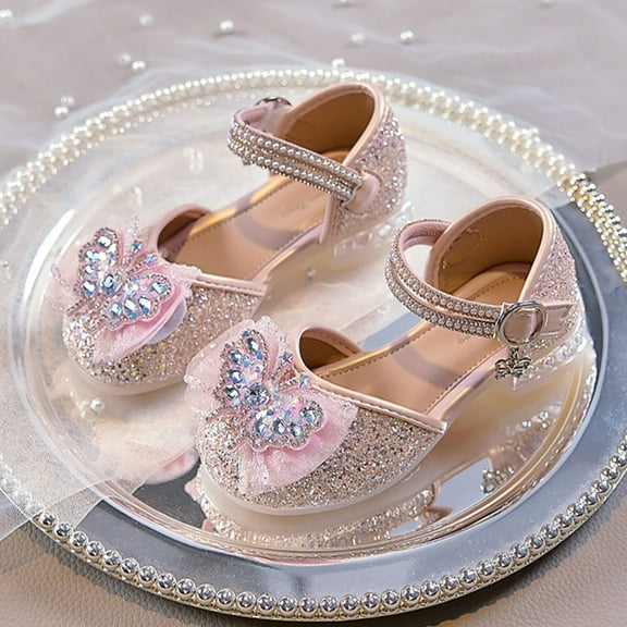 YYUIJK Girls Dress Shoes Glitter Princess Shoe Flower Mary Jane Low Heels Party Wedding Prom Footwear for Toddler Kids Pink 10 Toddler