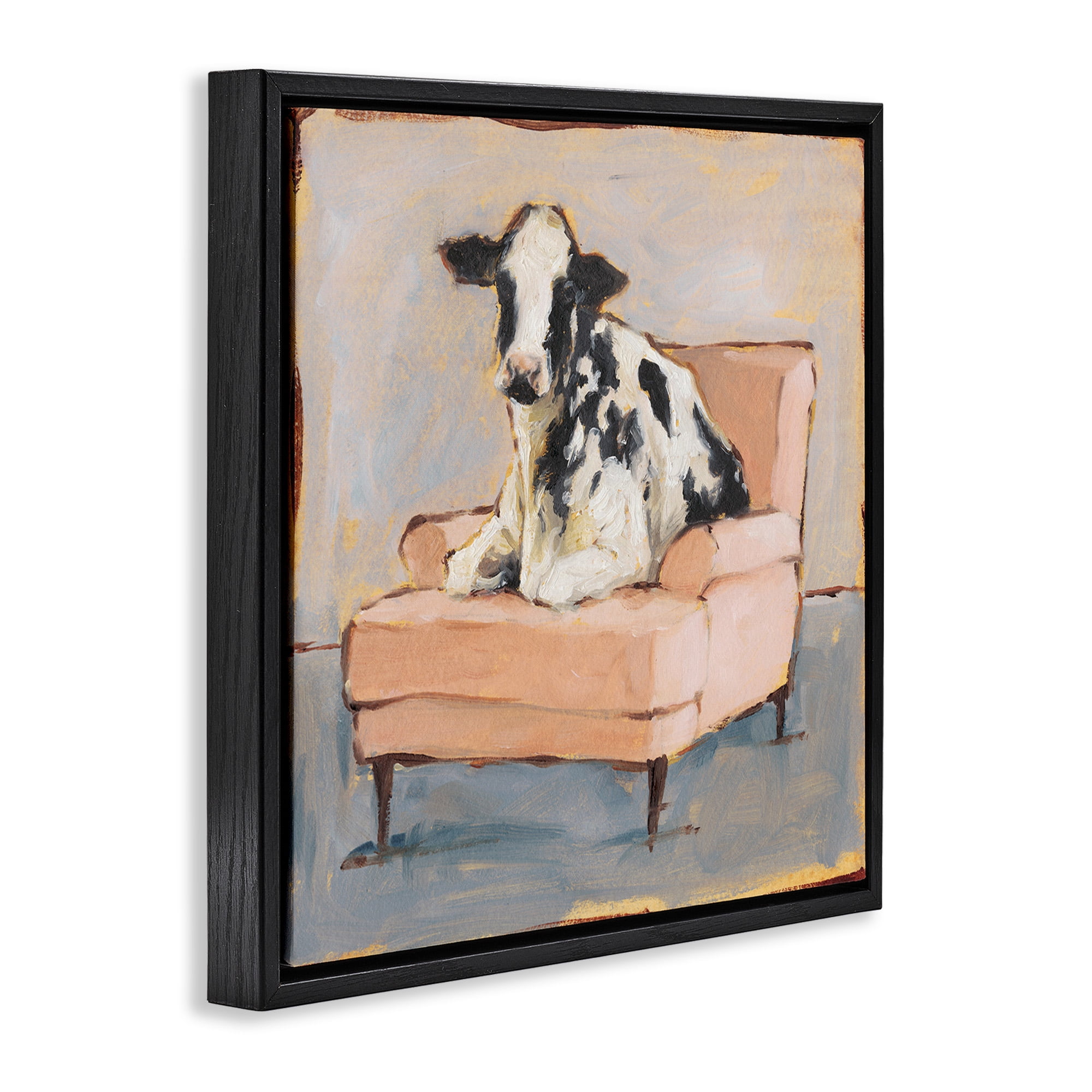 Stupell Industries Baby Cow on Pink Couch Animals & Insects Painting Black Floater Framed Canvas Art Print Wall Art, 25 x 25