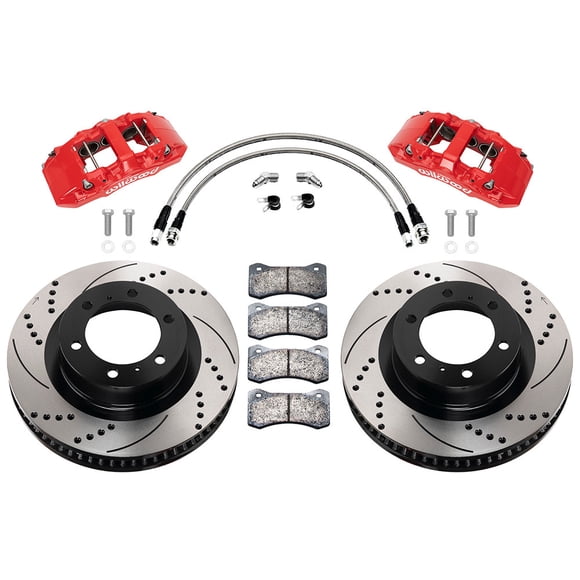 Wilwood Brakes Brake Kit 140-17511-DR Aero6-DM; Powder Coated Red 6 Piston Calipers; 13.31 Inch Diameter Drilled And Slotted Rotor; With Caliper Mounting Brackets/Rotors/Two Calipers/Pads/Hardware