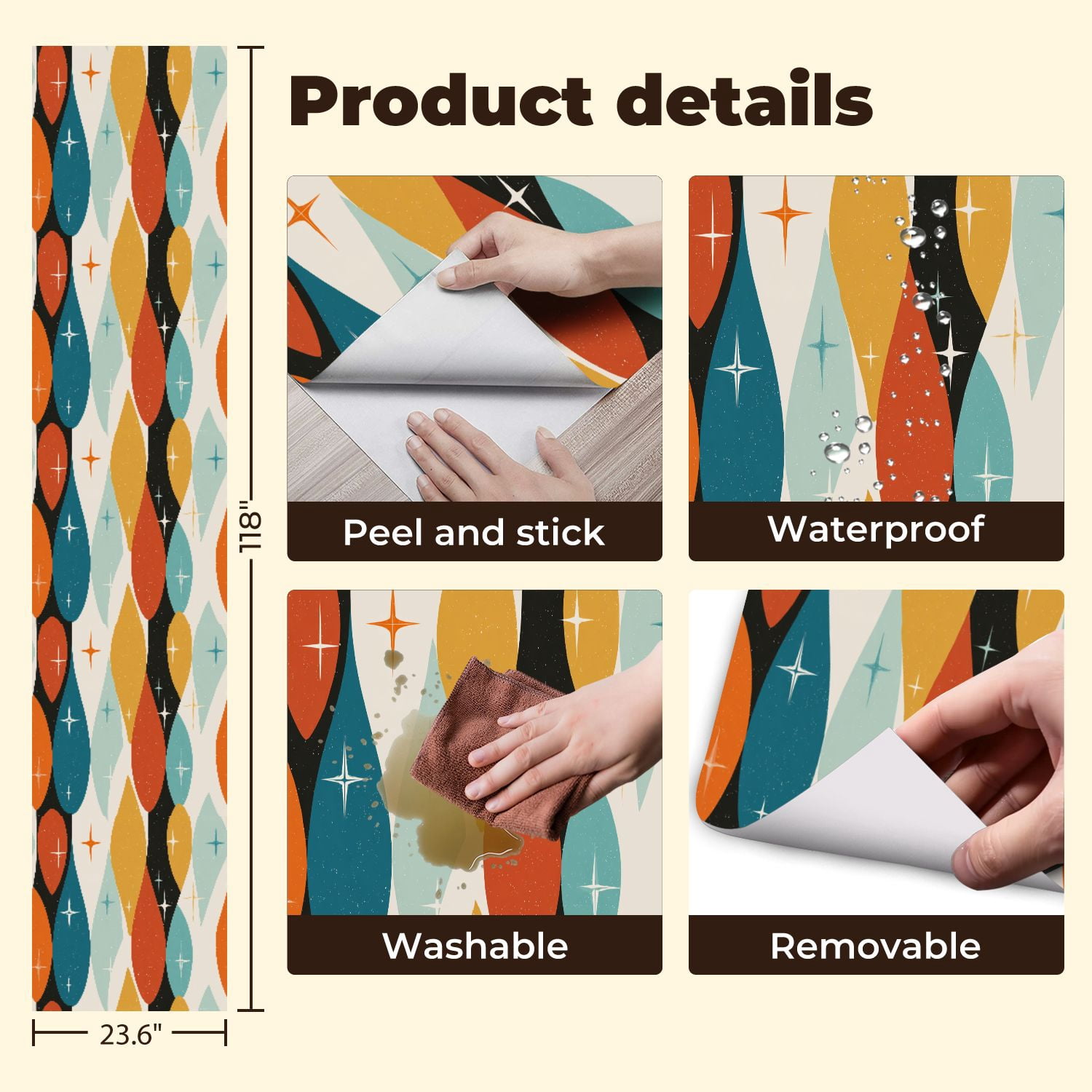 Peel and Stick Wallpaper 23.6in x 9.8ft Mid century modern age teal orange Ideal for Contact Paper Vinyl Waterproof Self Adhesive Wall Paper for Bedroom Shelf Cabinet Renter Friendly