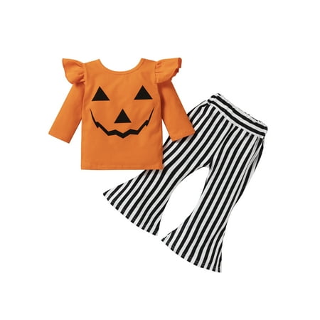 

aturustex Halloween Toddler Girl Flared Pants Set Long Sleeve Ruffle Pumpkin Face Print Pullover Top +Striped Bell-bottom Pants Pumpkin-Orange 1-6 Years