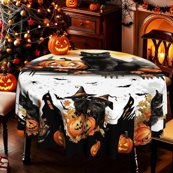 Spooky Halloween Black Cat Pumpkin Jack-o'-lantern Haunted House Pattern 2D Print Round Tablecloth, Decorative Table Cover for Kitchen Dining Patio Halloween Party