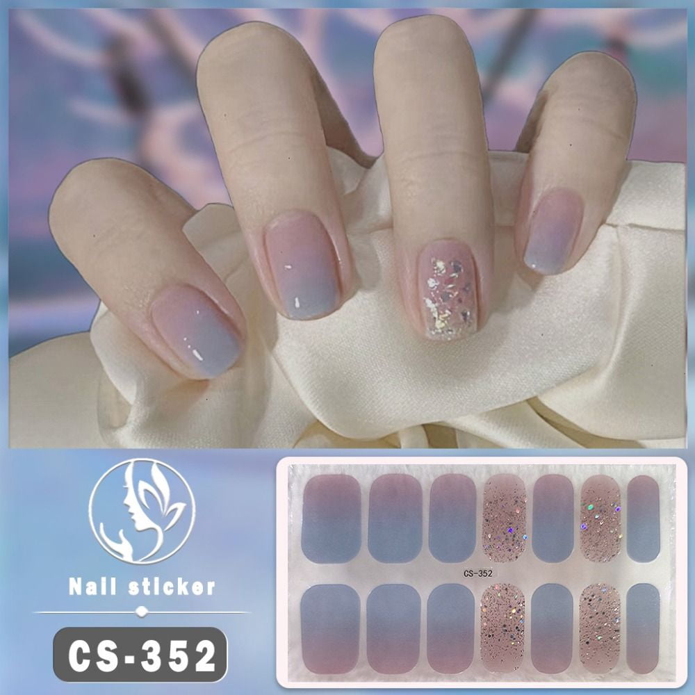 14Tips Semi Cured Gel Nail Stickers Foil Glittering Nail Art Stickers Self-Adhesive Simple Gel Full Nail Wraps