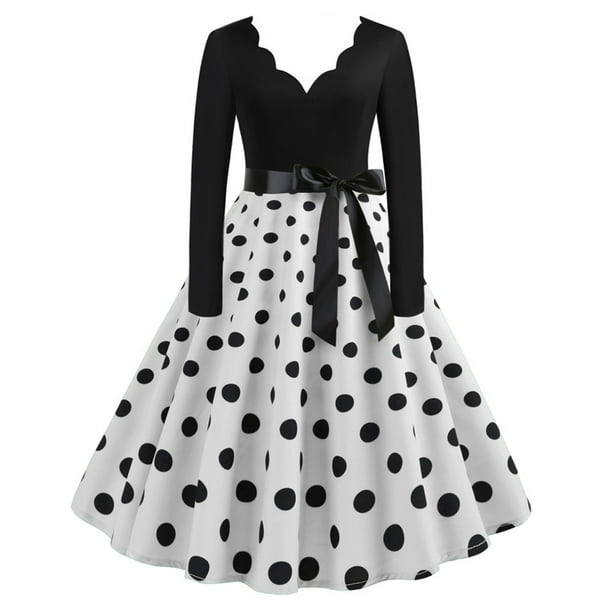 Vestido de fiesta Fridja A Line Flare Vintage Manga larga Estampado de lunares Talla S