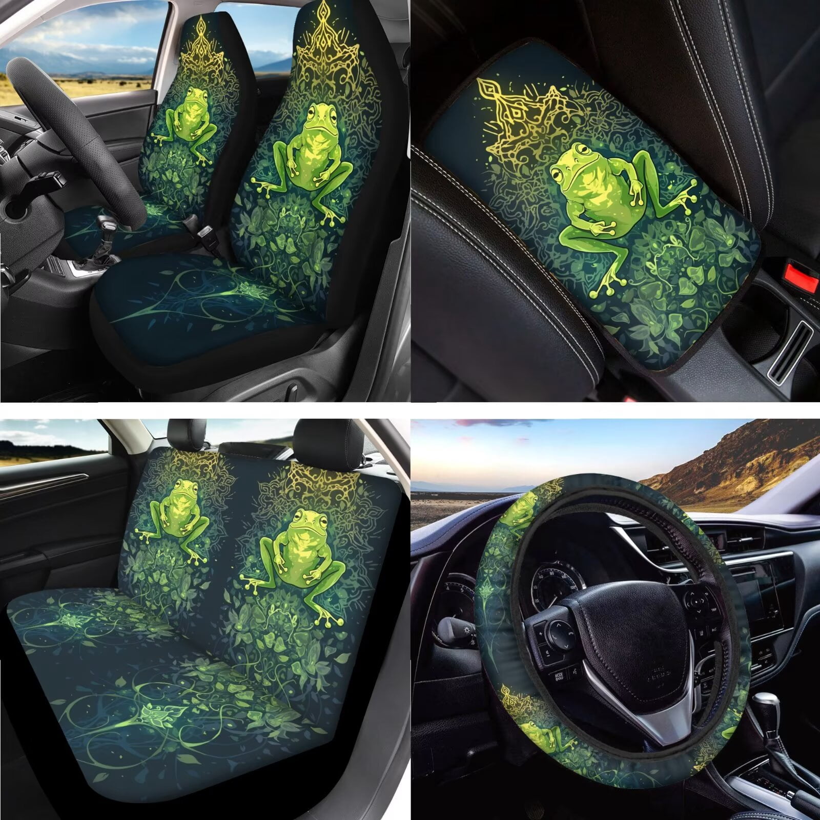 LedBack Boho Frog Printed Car Seat Covers Full Set Steering Wheel Cover Seat Belt Cover Armrest Pad Cup Mat Keychain Head Rest Covers for Car, Rear Front Seat Protector Car Accessories