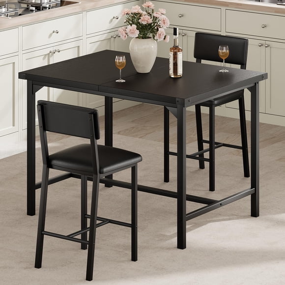 QinaQin Juego de comedor alto para 2 personas con 2 bancos tapizados y respaldo suave, set de 3 piezas para cocina o comedor pequeño