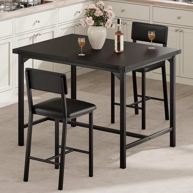 QinaQin Juego de comedor alto para 2 personas con 2 bancos tapizados y respaldo suave, set de 3 piezas para cocina o comedor pequeño