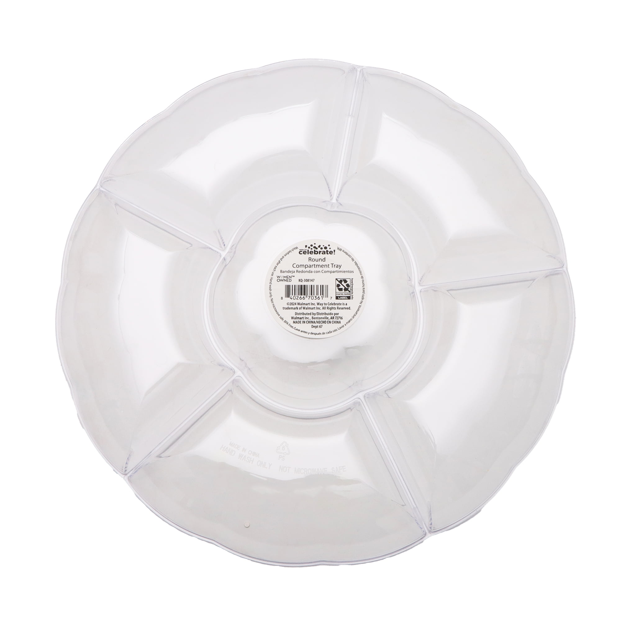 1 Count, 12 IN Clear Round Plastic Compartment Tray, by Way To Celebrate