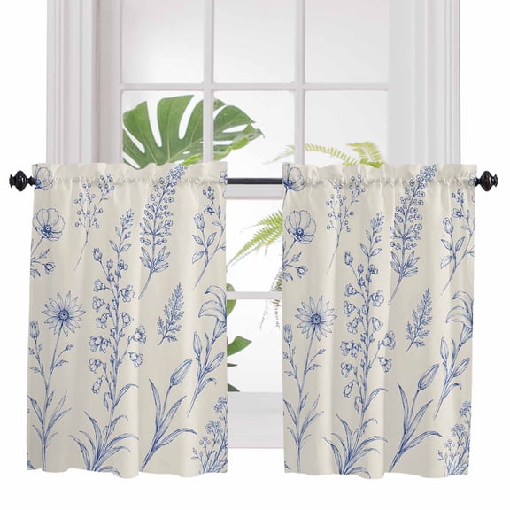 Blue Flowers Bathroom Window Curtain, Country Wildflower Vintage Pastoral Plants Light Filtering Coffee Kitchen Curtains, Bedroom Living Room Curtains 2 Panel 84"x45"