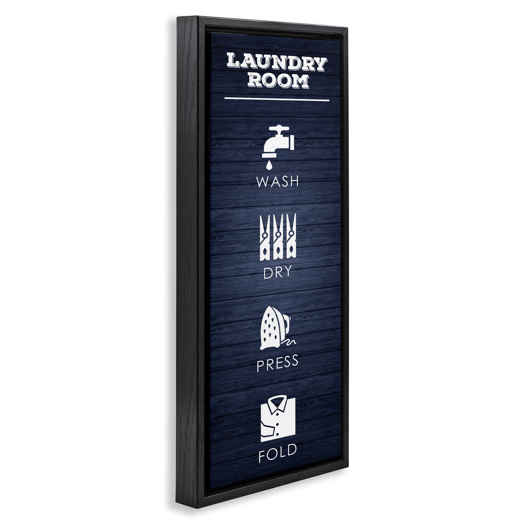 Stupell Industries Laundry Room Icons Rustic Blue Typography Painting Black Floater Framed Canvas Art Print Wall Art, 11 x 25