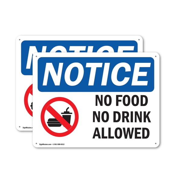 (2 Pack) No Food No Drink Allowed OSHA Notice Sign 24 Inch X 18 Inch Indoor / Outdoor Rust-Free Aluminum Metal Signs for Workplace, Workshop, and Construction Site, Made in the USA